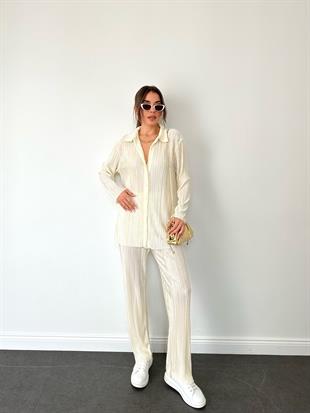 Ekru Pileli Gömlek Pantolon Takım