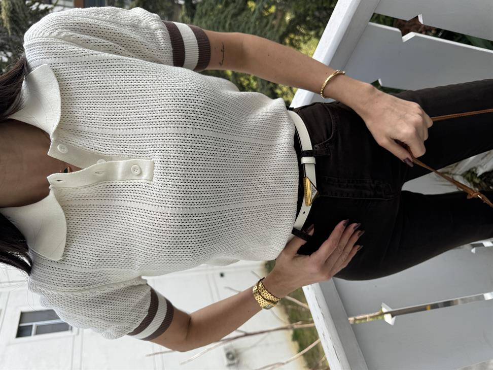 Ekru Polo Yaka Çizgi Detaylı Triko