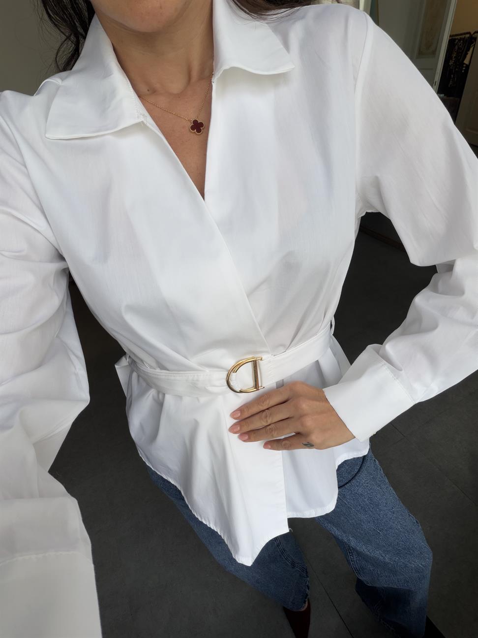 Ekru Poplin Kemerli Gömlek