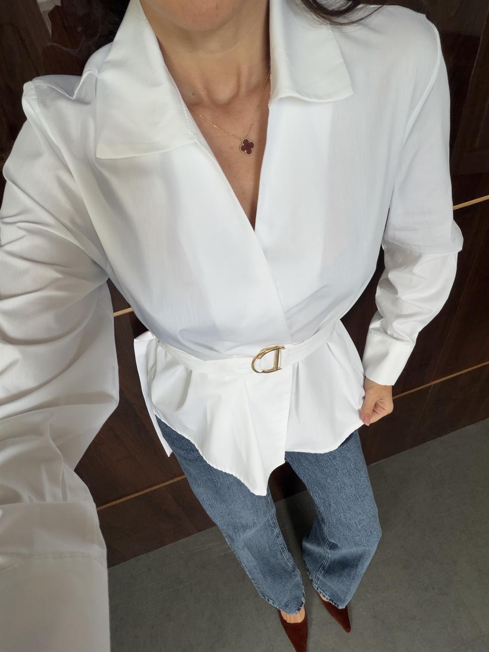 Ekru Poplin Kemerli Gömlek