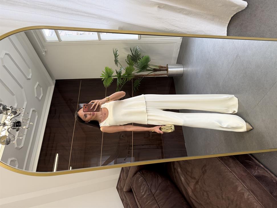 Ekru Saten Pantolon İkili Takım