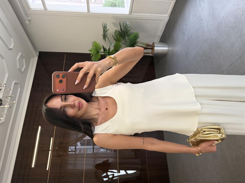 Ekru Saten Pantolon İkili Takım