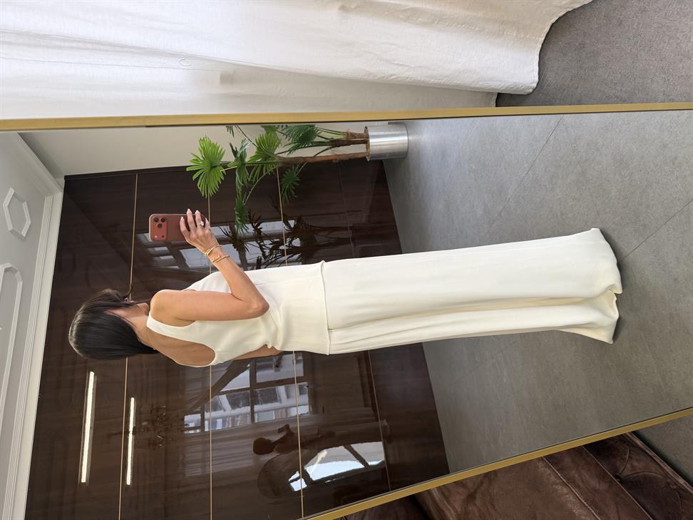 Ekru Saten Pantolon İkili Takım