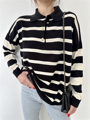 Ekru Şeritli Siyah Triko