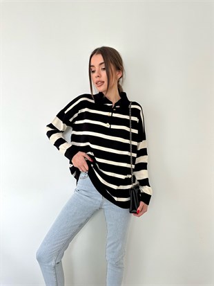 Ekru Şeritli Siyah Triko