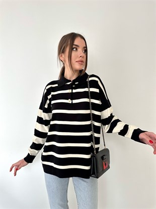 Ekru Şeritli Siyah Triko