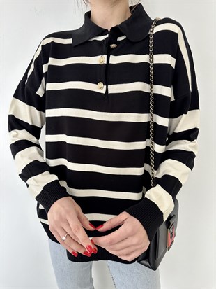 Ekru Şeritli Siyah Triko