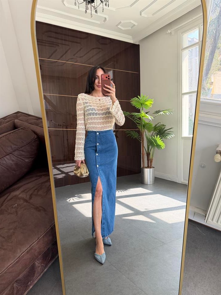 Ekru Simli Ajurlu Triko Bluz