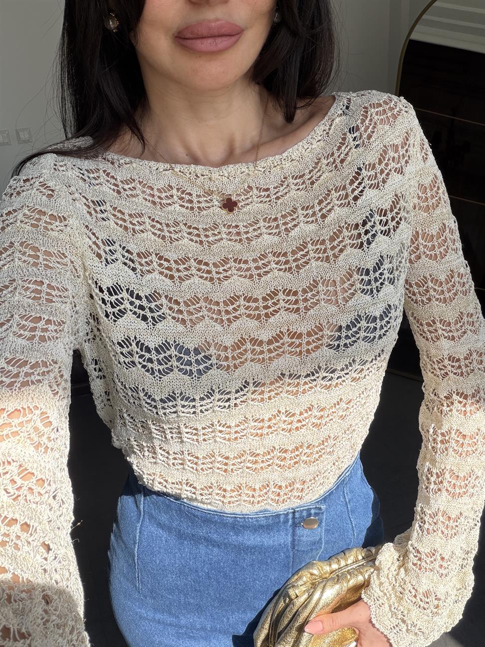Ekru Simli Ajurlu Triko Bluz