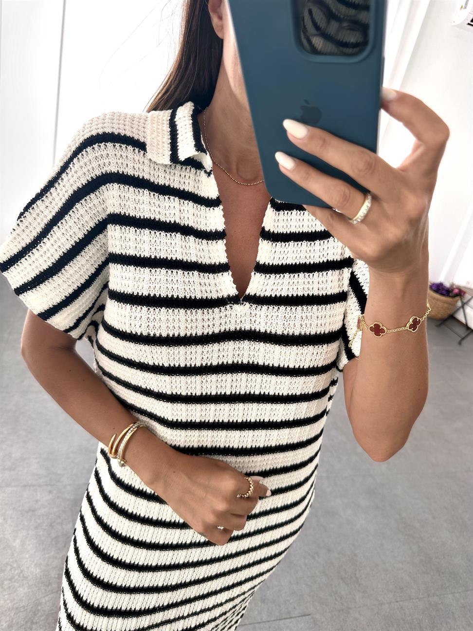 Ekru-Siyah Polo Yaka Örgü Çizgili Elbise