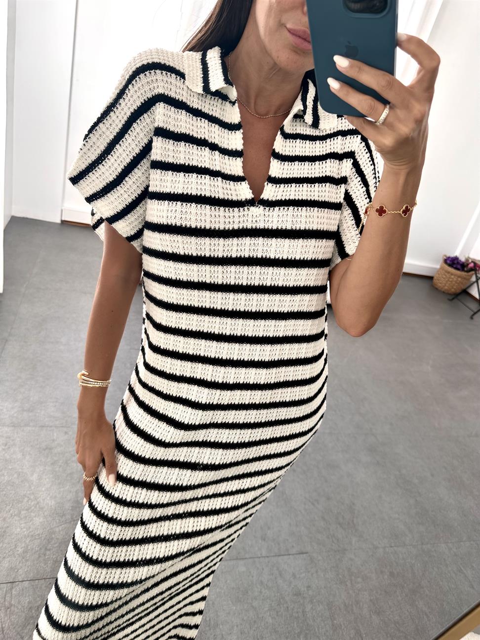 Ekru-Siyah Polo Yaka Örgü Çizgili Elbise