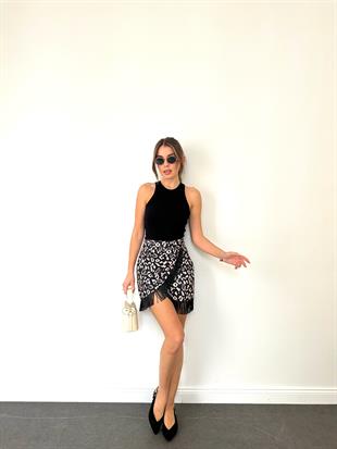 Ekru-Siyah Püsküllü Mini Etek