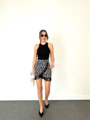 Ekru-Siyah Püsküllü Mini Etek