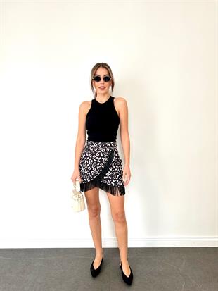 Ekru-Siyah Püsküllü Mini Etek