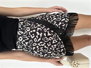 Ekru-Siyah Püsküllü Mini Etek