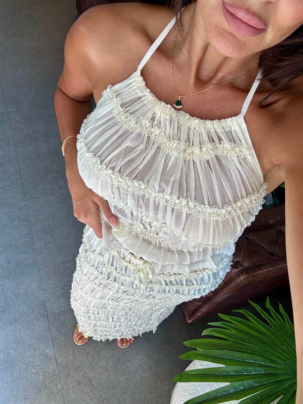 Ekru Sofi Transparan Crop Etek Takım