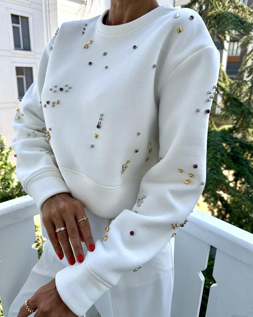 Ekru Taşlı Sweatshirt