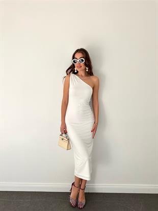 Ekru Tek Omuz Midi Elbise