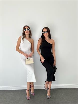 Ekru Tek Omuz Midi Elbise