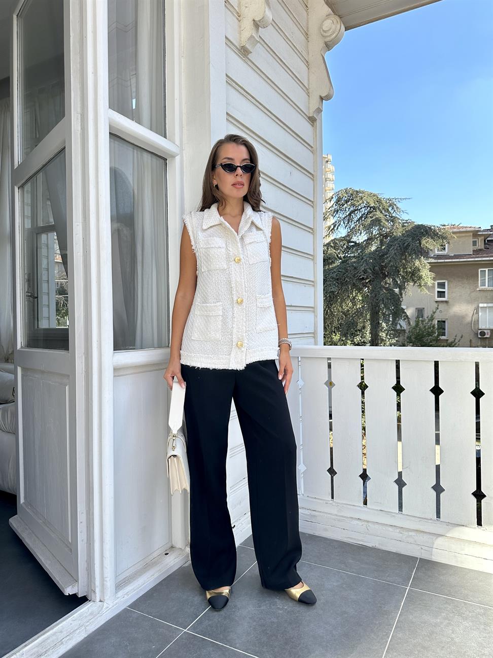 Ekru Tüvit Uzun Yelek