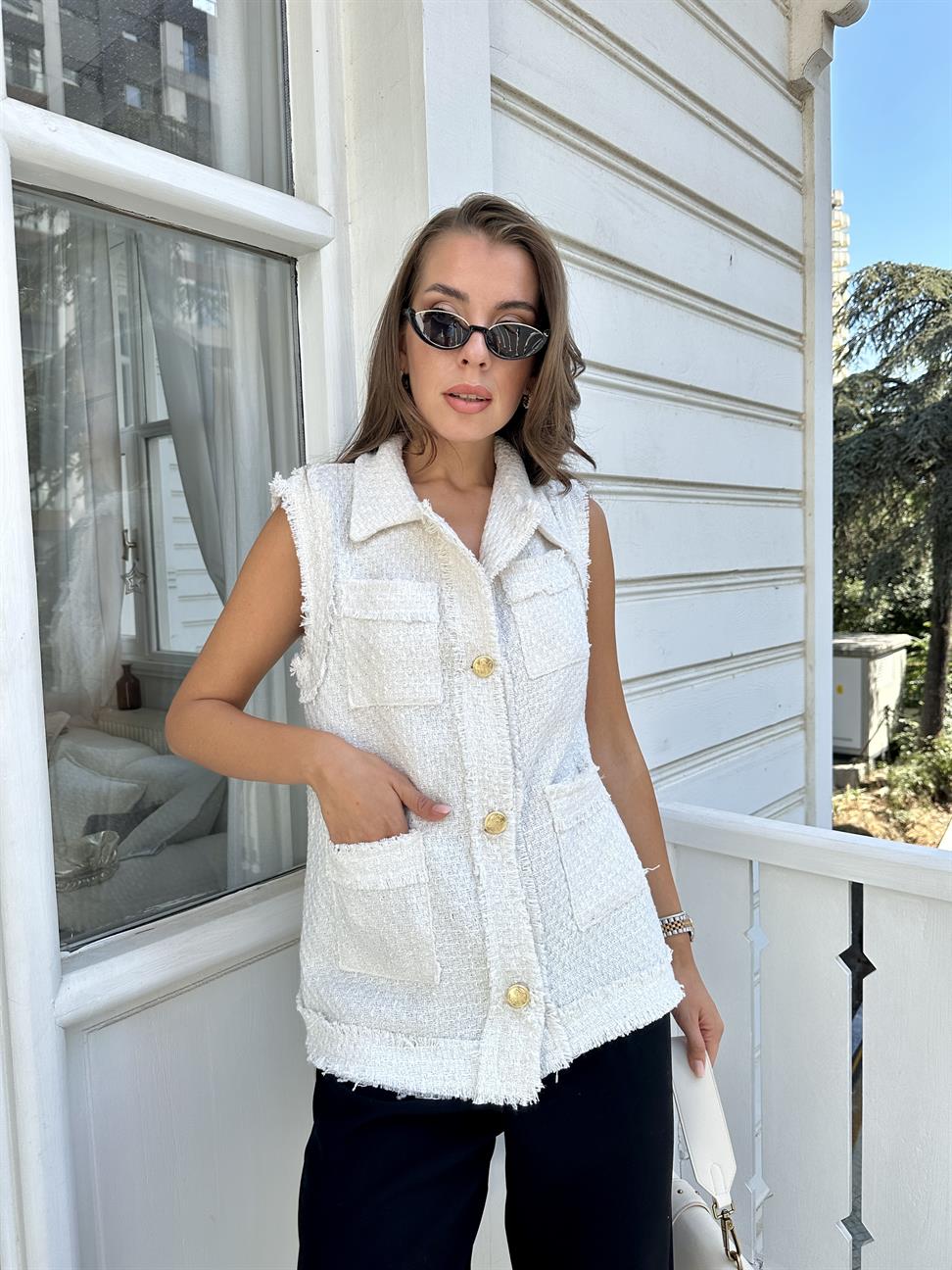 Ekru Tüvit Uzun Yelek