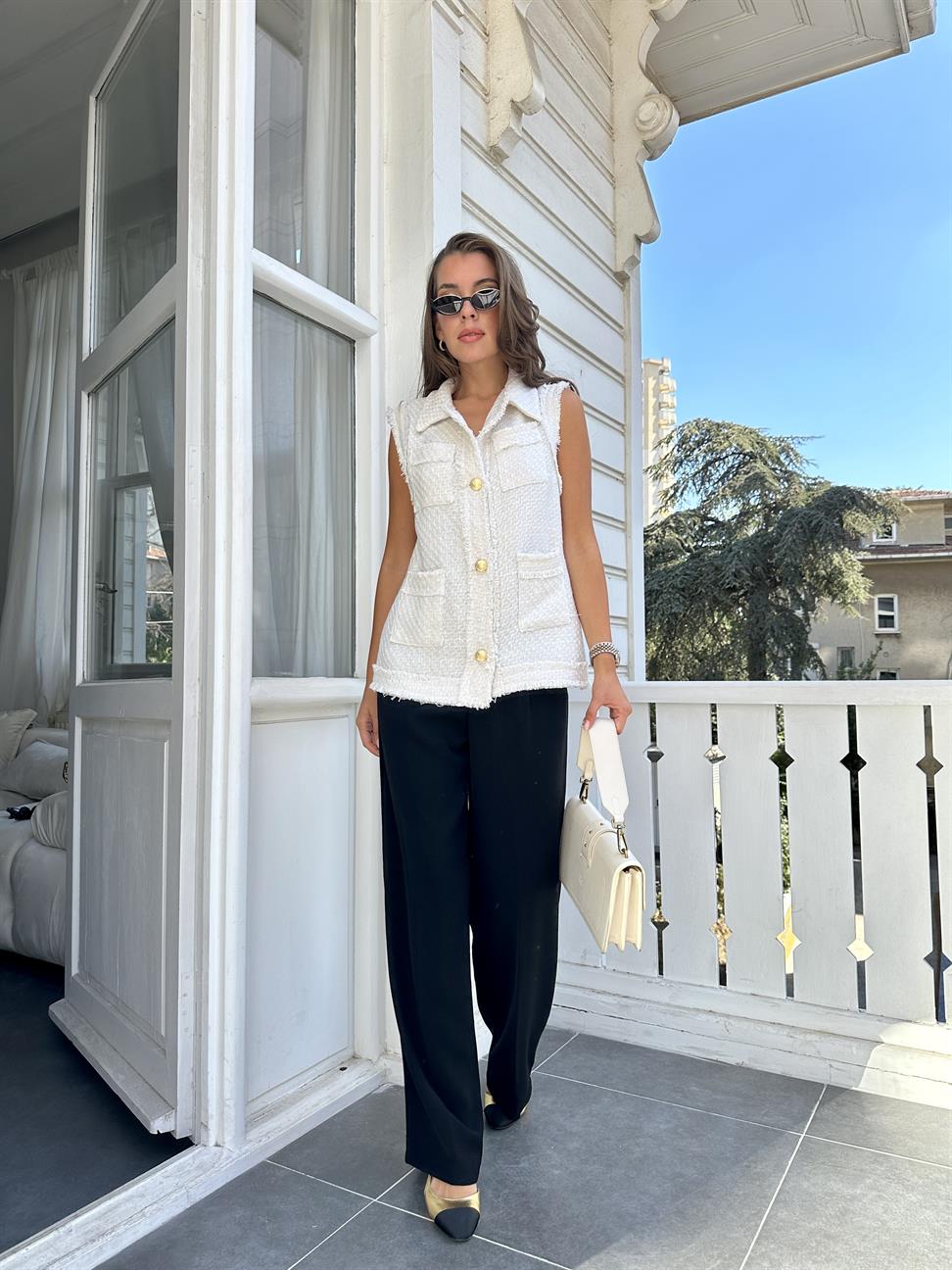 Ekru Tüvit Uzun Yelek