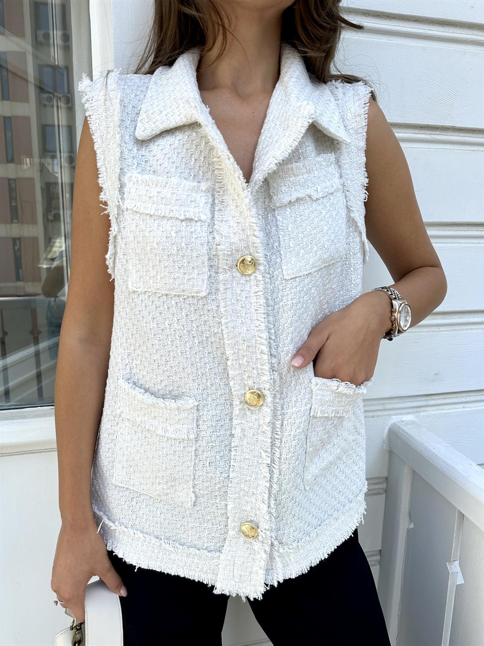 Ekru Tüvit Uzun Yelek