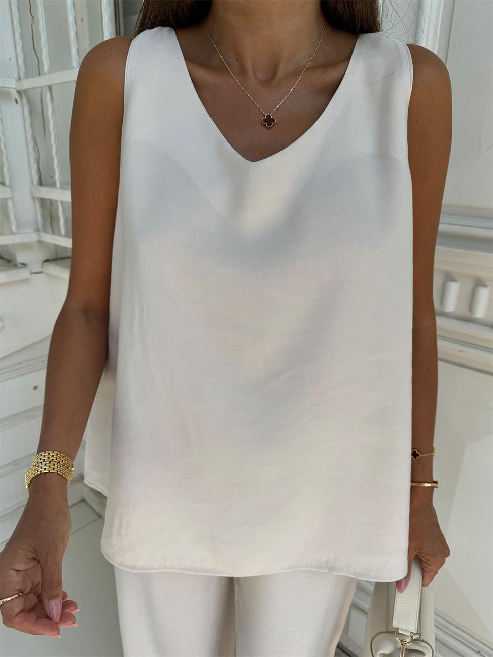 Ekru V Yaka Modal Pantolon Takım