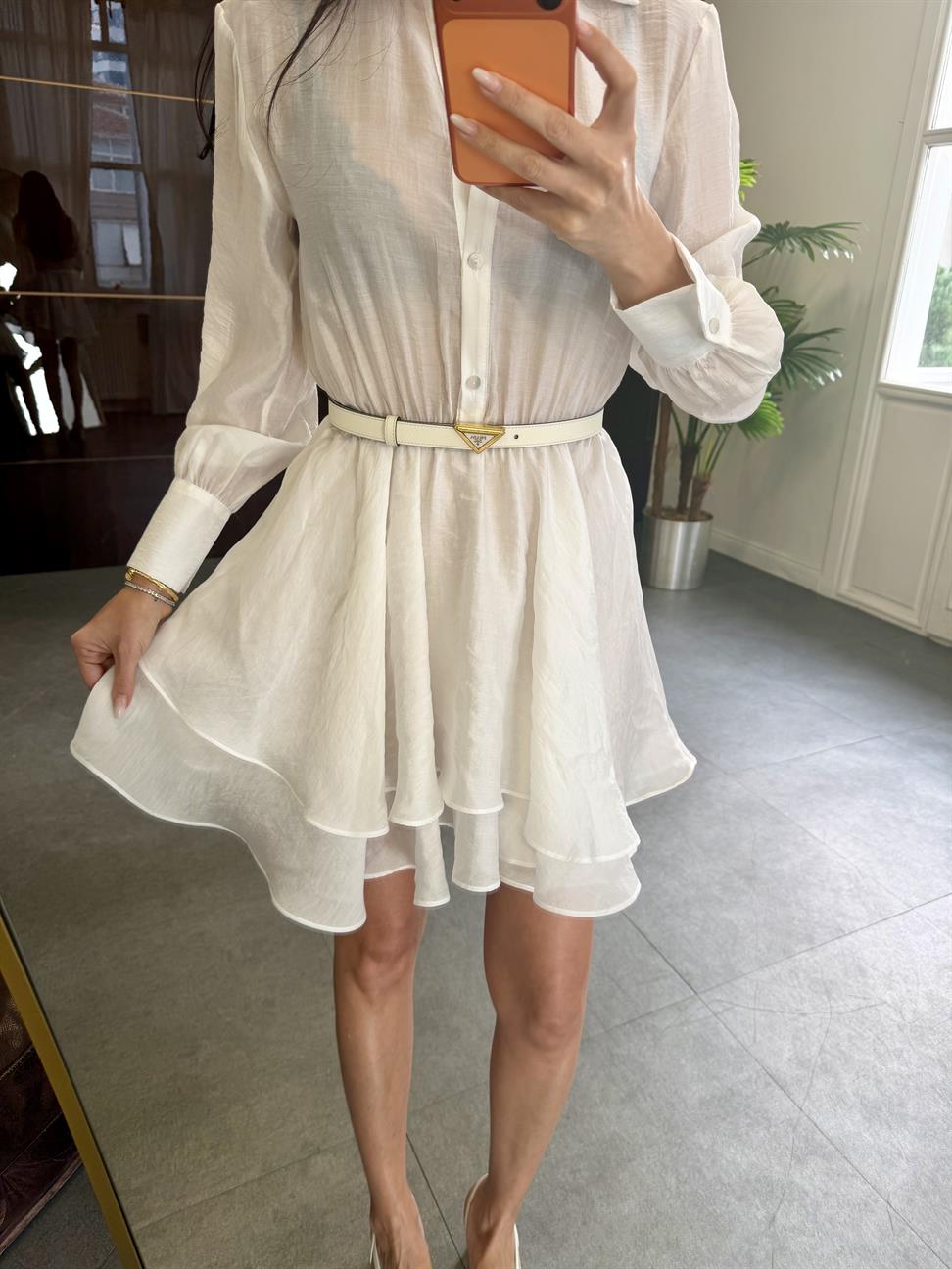 Ekru Volanlı Kısa Elbise