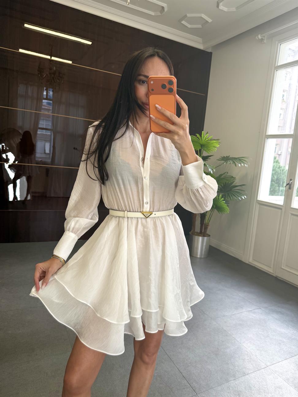 Ekru Volanlı Kısa Elbise