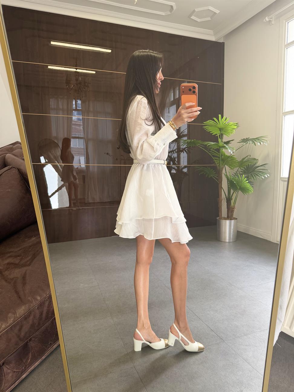 Ekru Volanlı Kısa Elbise