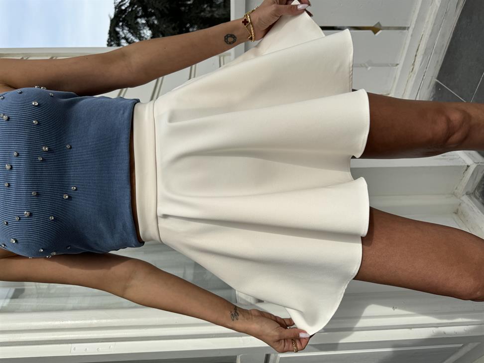 Ekru Volanlı Mini Etek