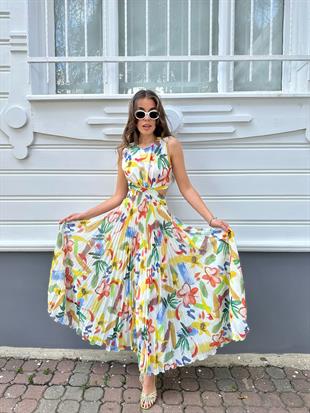 Eteği Pileli Uzun Renkli Elbise