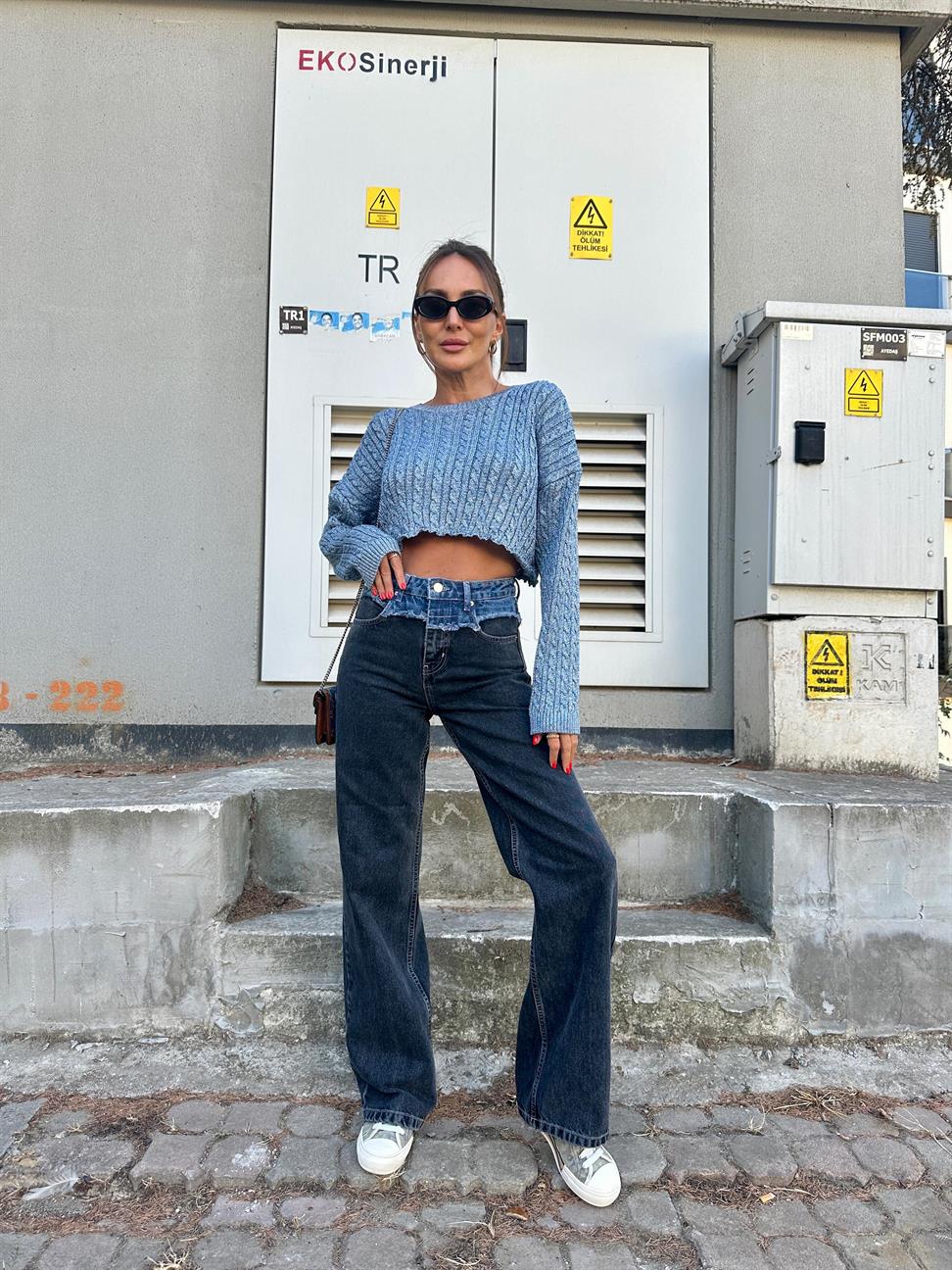 Füme Bel Detay Wide-Leg Jean Pantolon