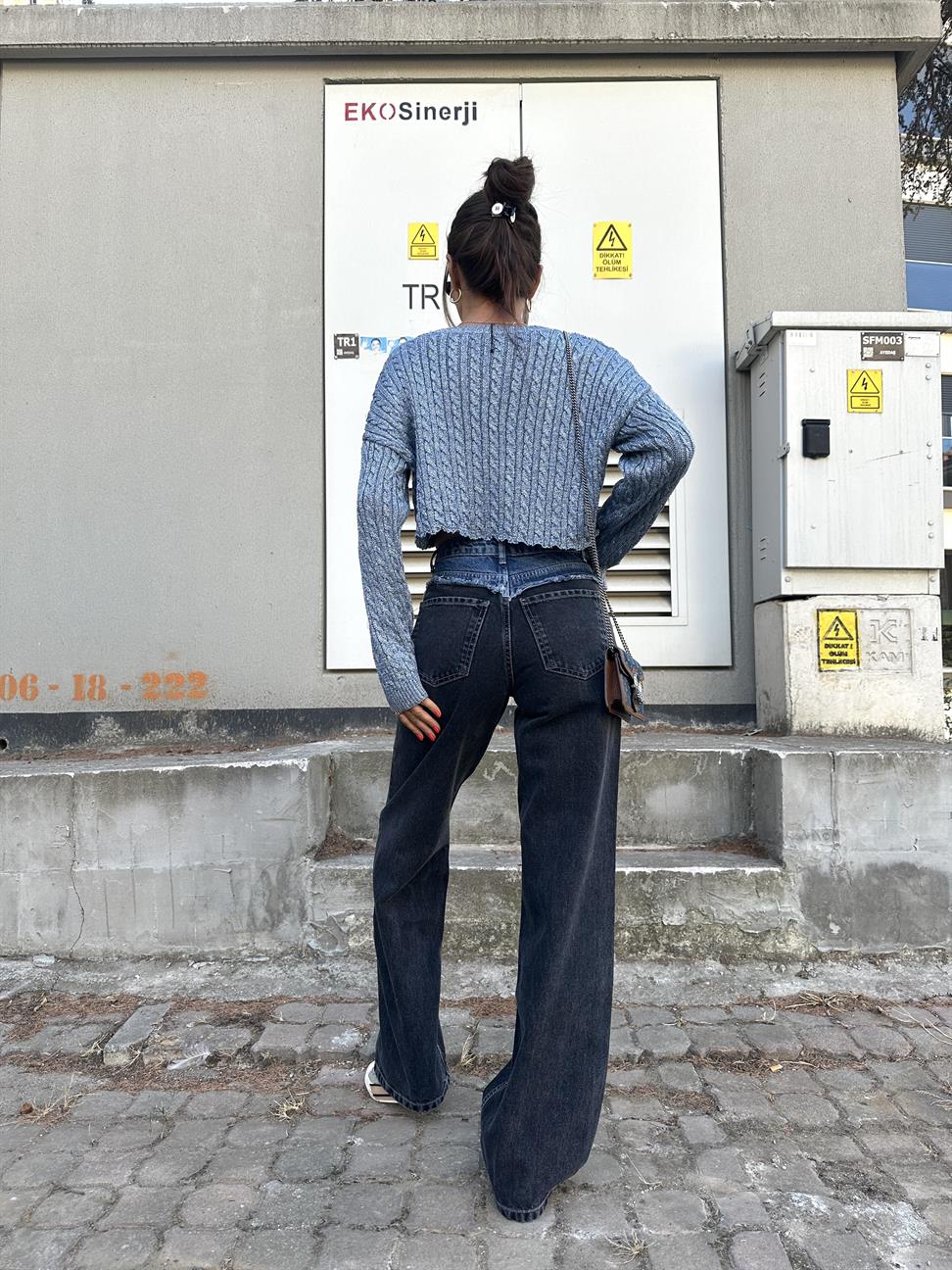 Füme Bel Detay Wide-Leg Jean Pantolon