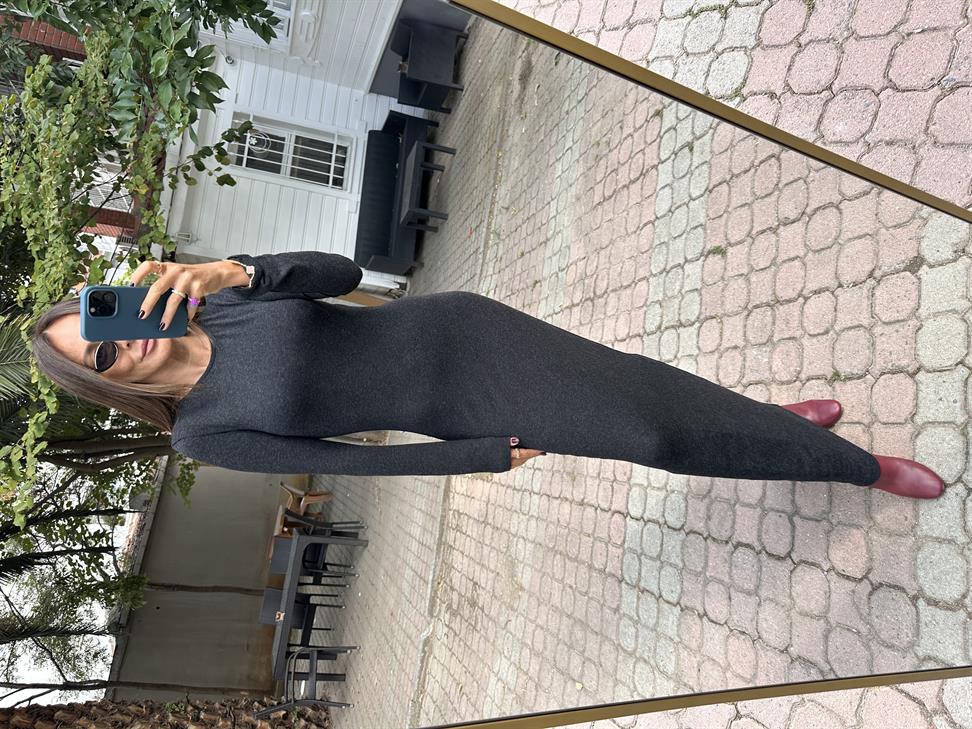 Füme Bisiklet Yaka Bilek Boy Elbise