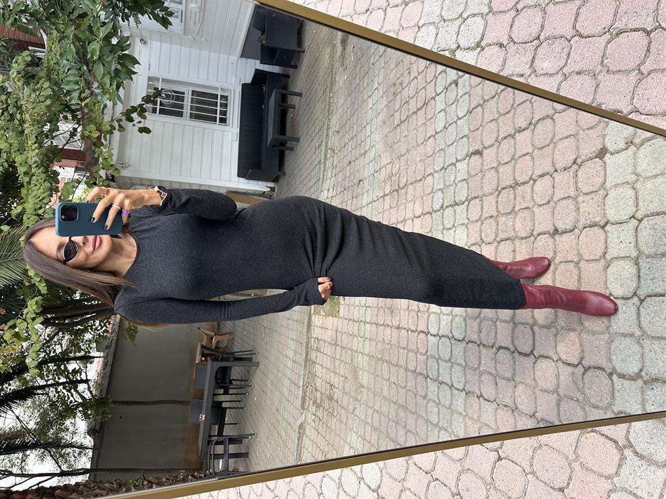 Füme Bisiklet Yaka Bilek Boy Elbise