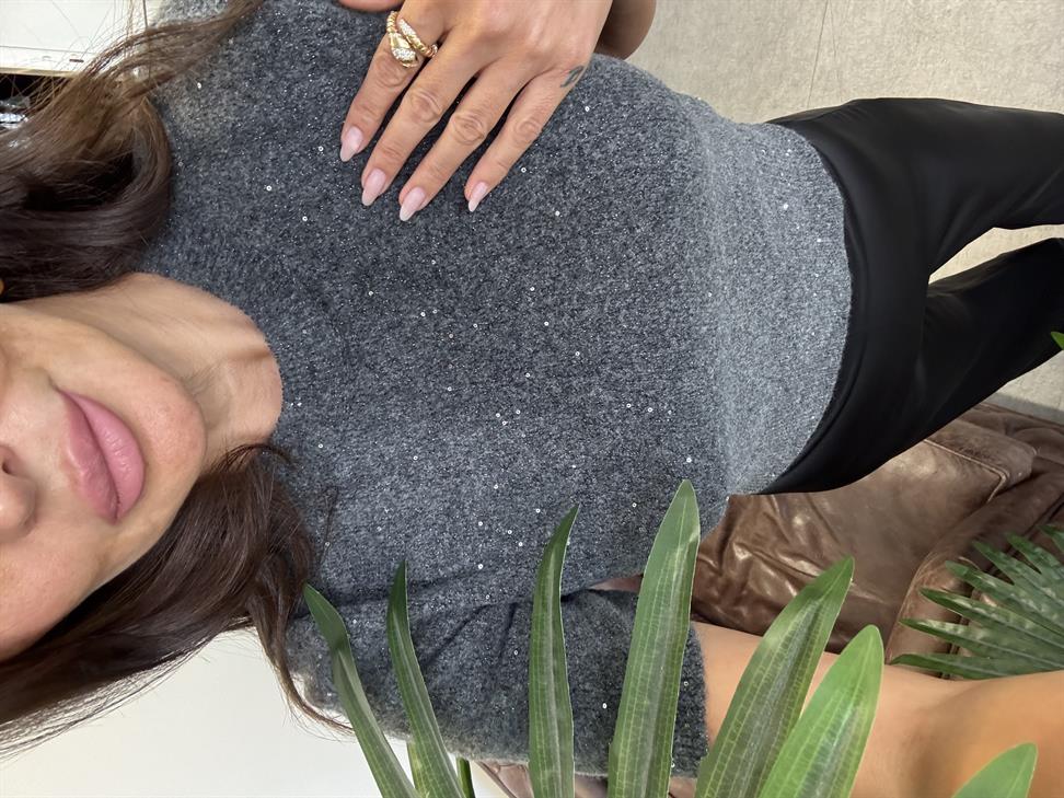 Füme Bisiklet Yaka Pullu Simli Triko Kazak