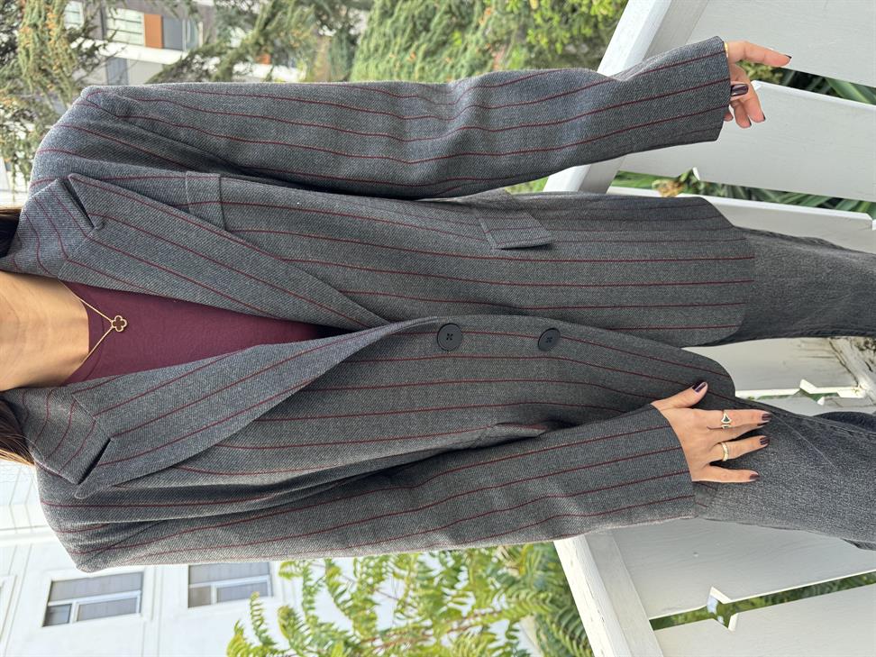 Füme-Bordo Çizgili Bol Kalıp Blazer Ceket