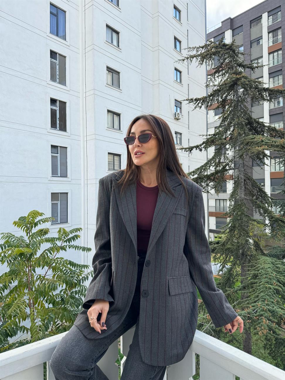 Füme-Bordo Çizgili Bol Kalıp Blazer Ceket