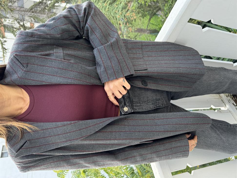 Füme-Bordo Çizgili Bol Kalıp Blazer Ceket