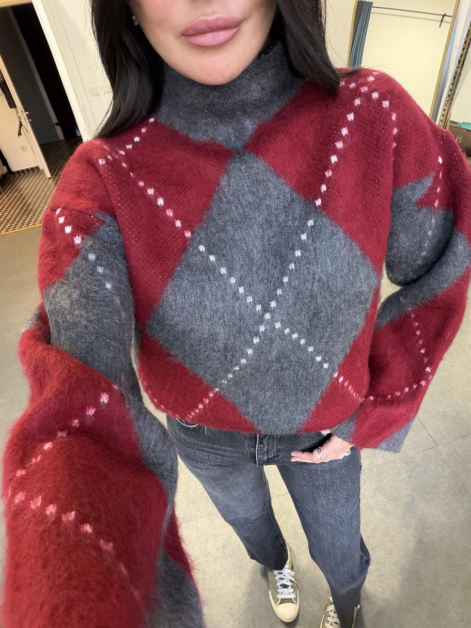 Füme-Bordo Yarım Balıkçı Baklava Desen Kazak