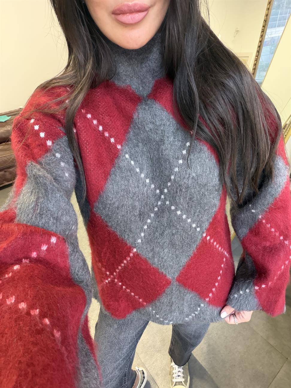 Füme-Bordo Yarım Balıkçı Baklava Desen Kazak