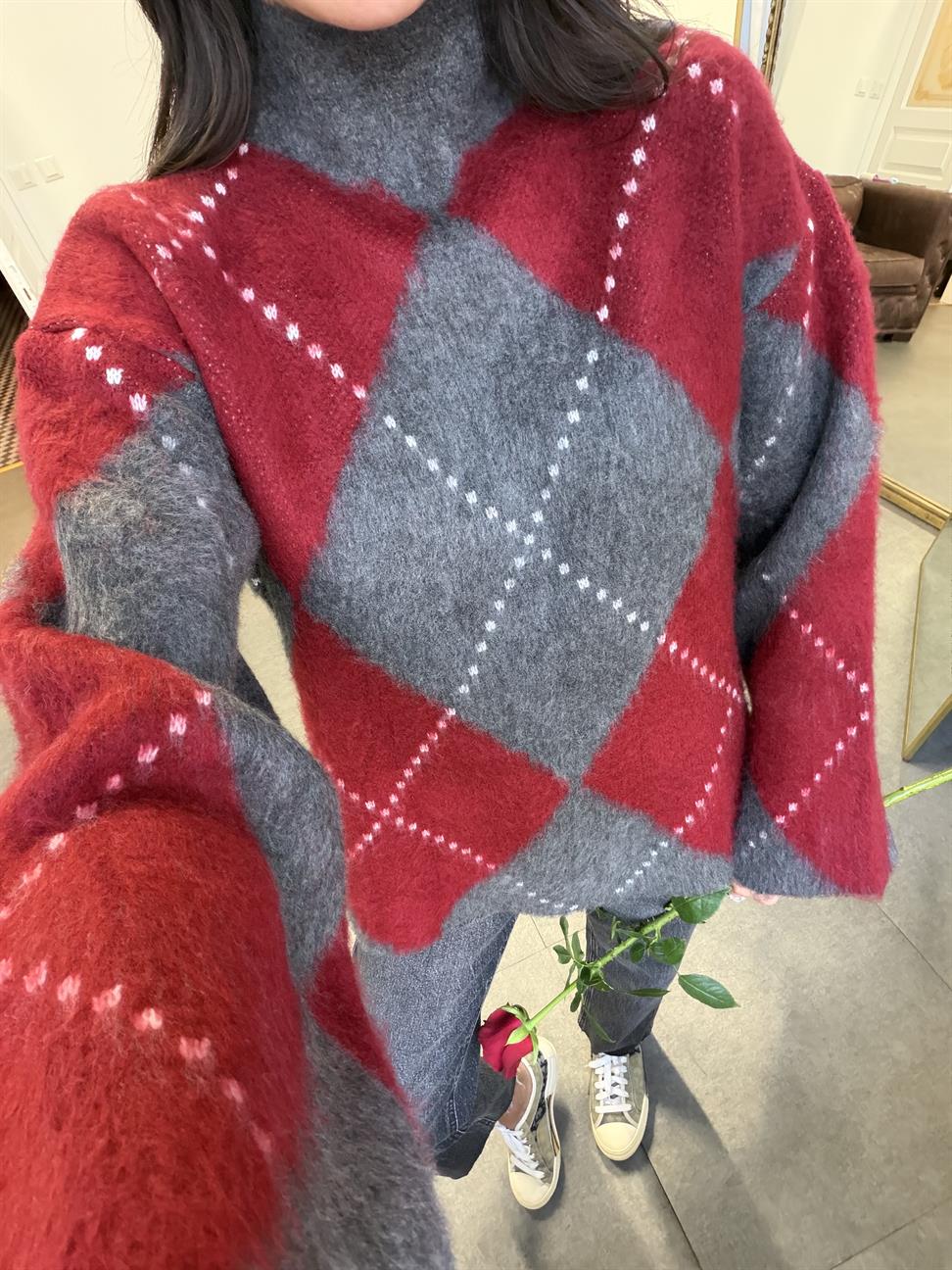 Füme-Bordo Yarım Balıkçı Baklava Desen Kazak