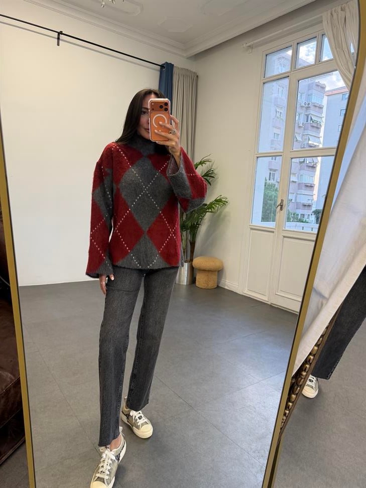 Füme-Bordo Yarım Balıkçı Baklava Desen Kazak