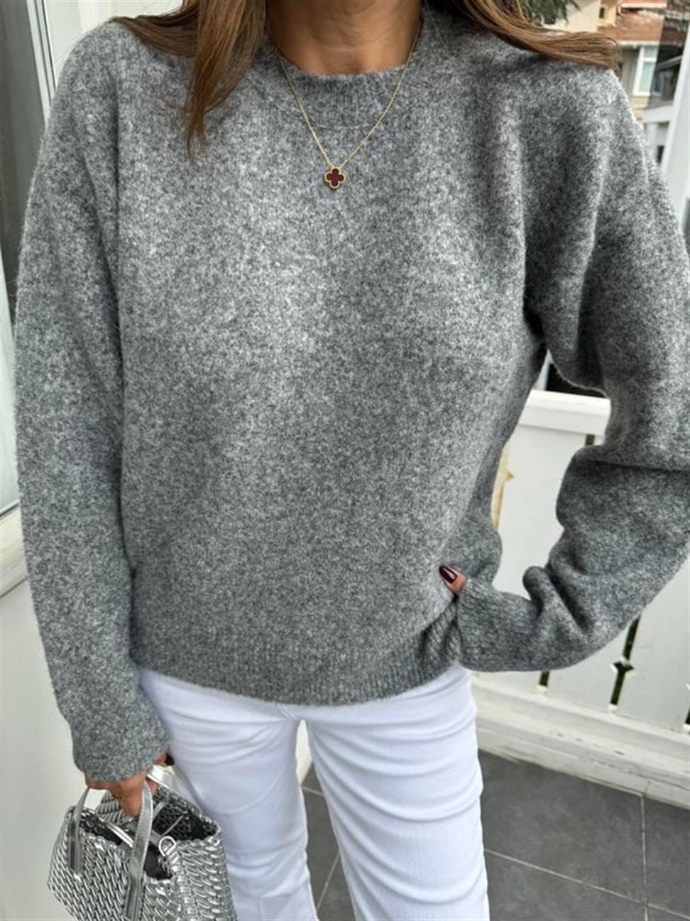 Füme Melanj Bisiklet Yaka Yumuşak Dokulu Triko Kazak