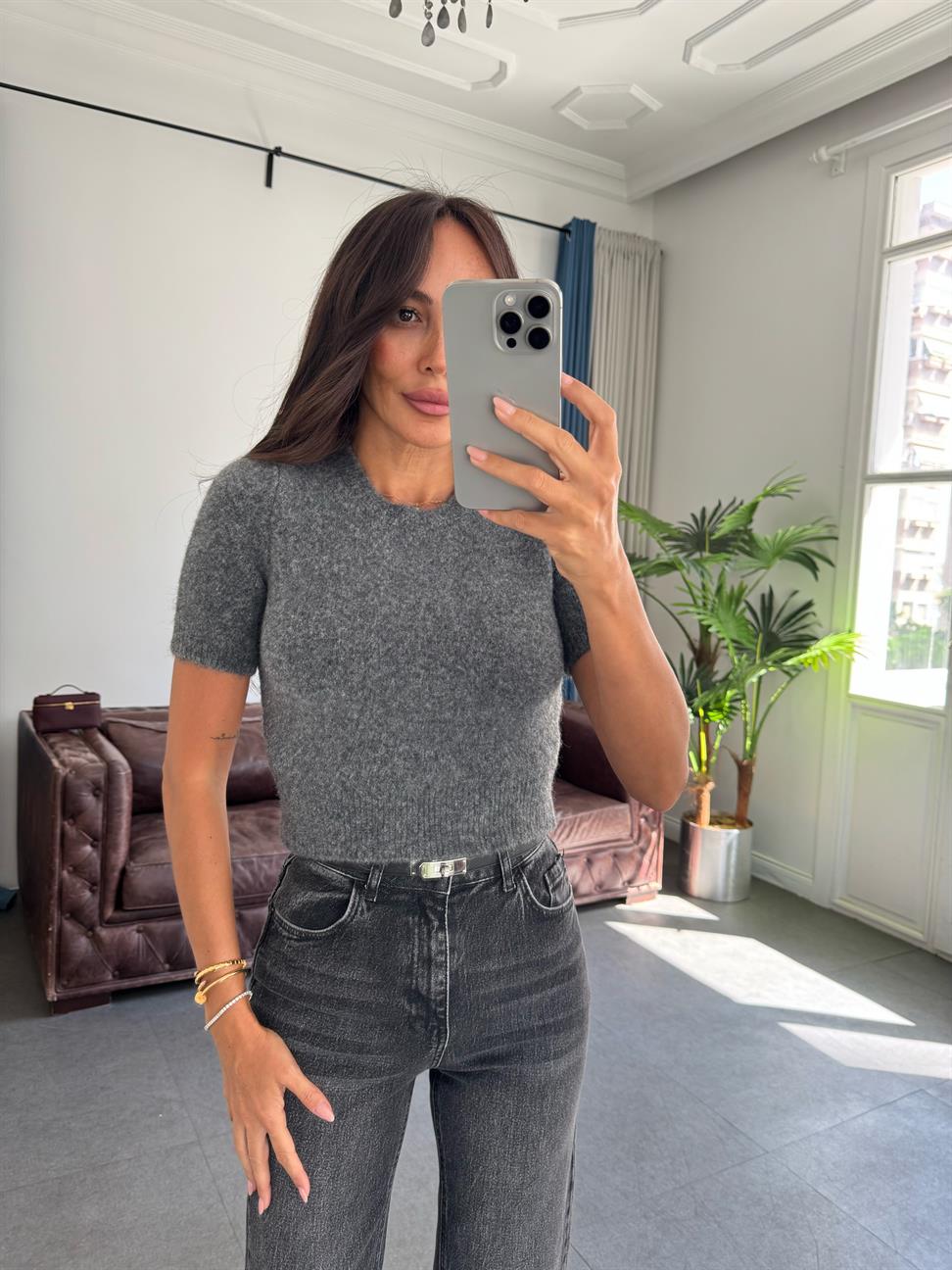 Füme Melanj Bisiklet Yaka Yumuşak Dokulu Kısa Kol Triko Kazak