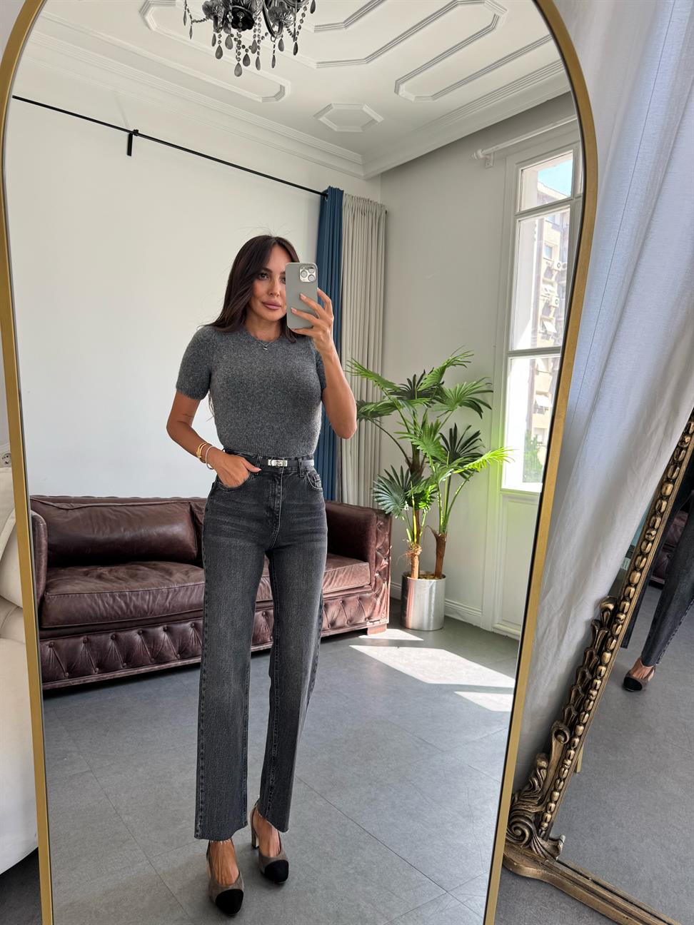 Füme Melanj Bisiklet Yaka Yumuşak Dokulu Kısa Kol Triko Kazak