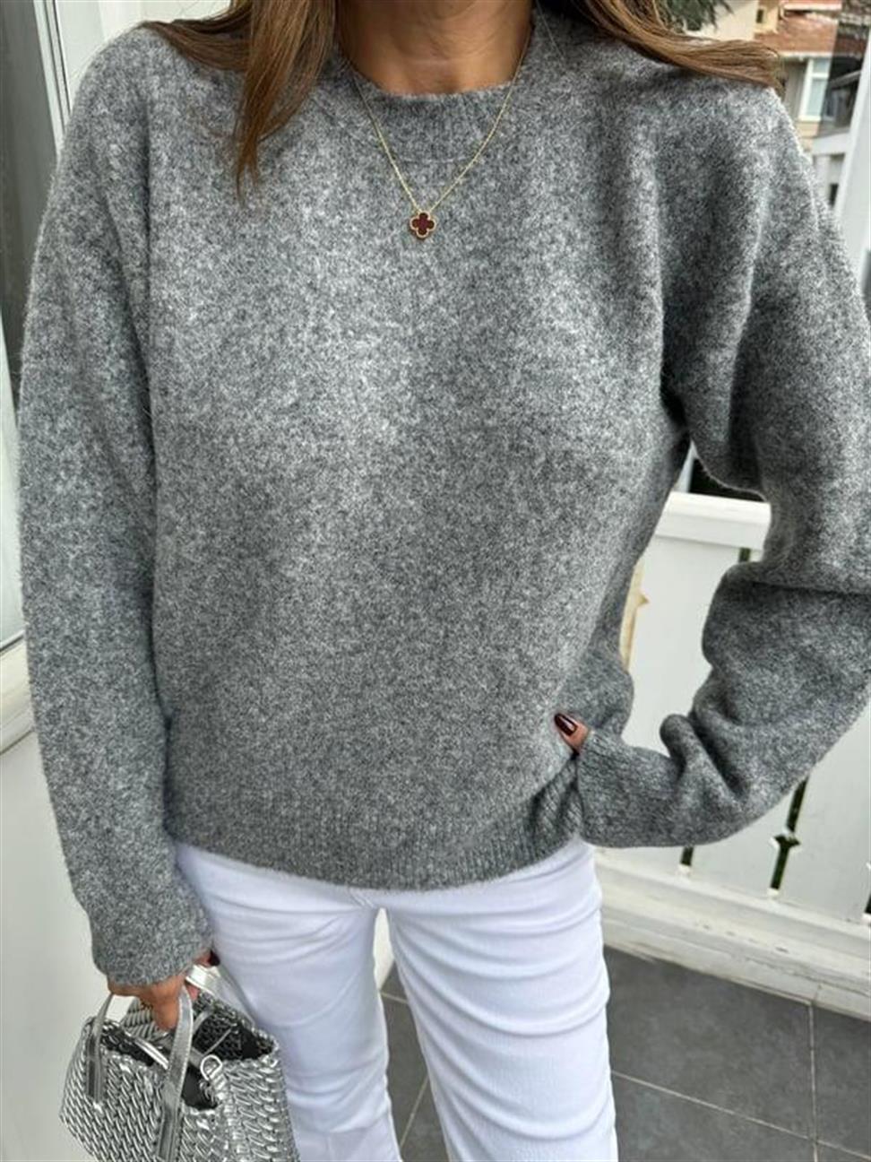 Füme Melanj Bisiklet Yaka Yumuşak Dokulu Triko Kazak