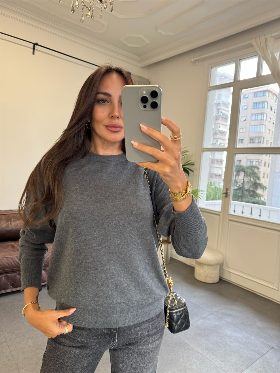 Füme Melanj Bisiklet Yaka Yünlü Basic Triko Kazak